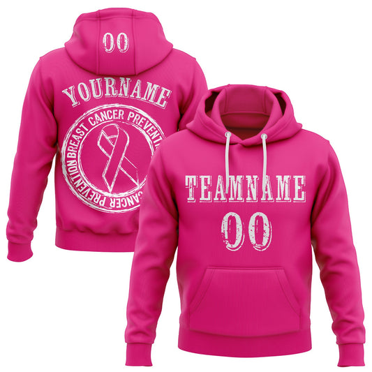 Custom Hot Pink White 3D Pink Ribbon Breast Cancer Awareness Women Health Care Support Sports Pullover Sweatshirt Hoodie - Main View