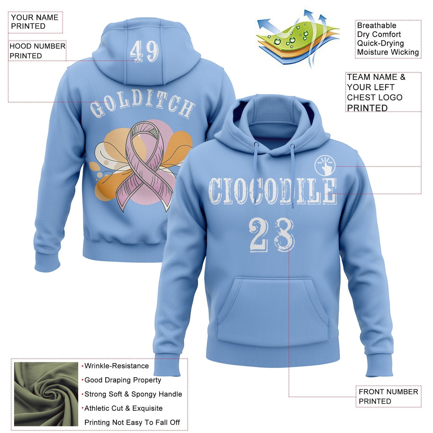 Custom Light Blue White 3D Pink Ribbon Breast Cancer Awareness Women Health Care Support Sports Pullover Sweatshirt Hoodie view 2