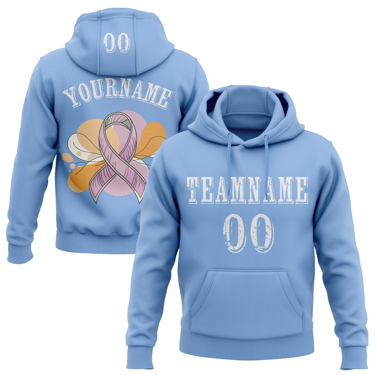 Custom Light Blue White 3D Pink Ribbon Breast Cancer Awareness Women Health Care Support Sports Pullover Sweatshirt Hoodie - Main View