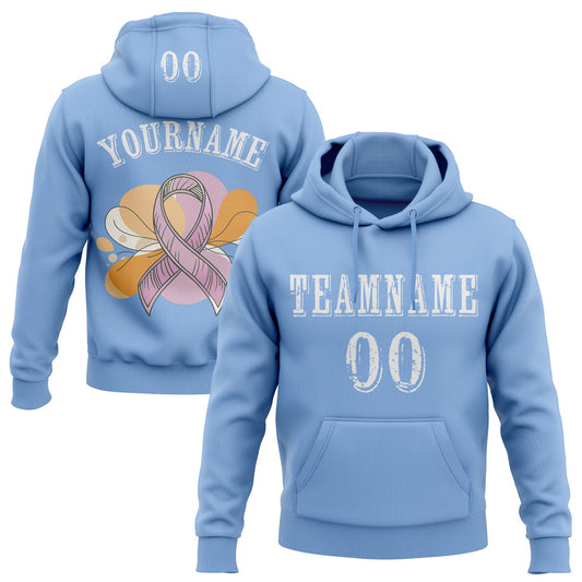 Custom Light Blue White 3D Pink Ribbon Breast Cancer Awareness Women Health Care Support Sports Pullover Sweatshirt Hoodie - Main View