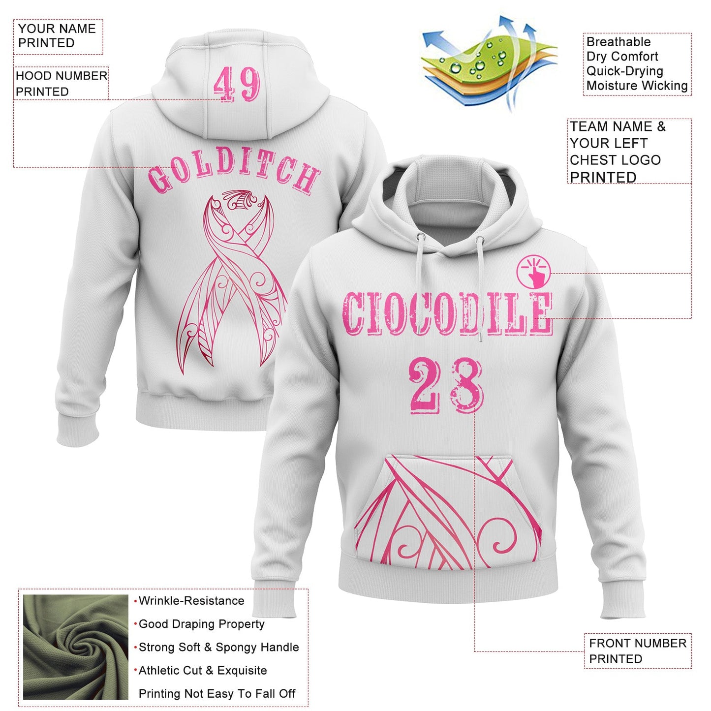Custom White Pink 3D Pink Ribbon Breast Cancer Awareness Women Health Care Support Sports Pullover Sweatshirt Hoodie view 2