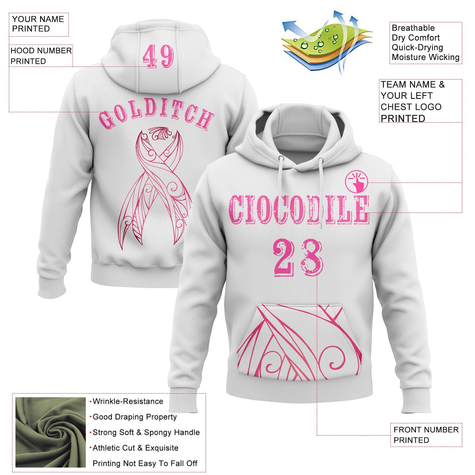 Custom White Pink 3D Pink Ribbon Breast Cancer Awareness Women Health Care Support Sports Pullover Sweatshirt Hoodie view 2