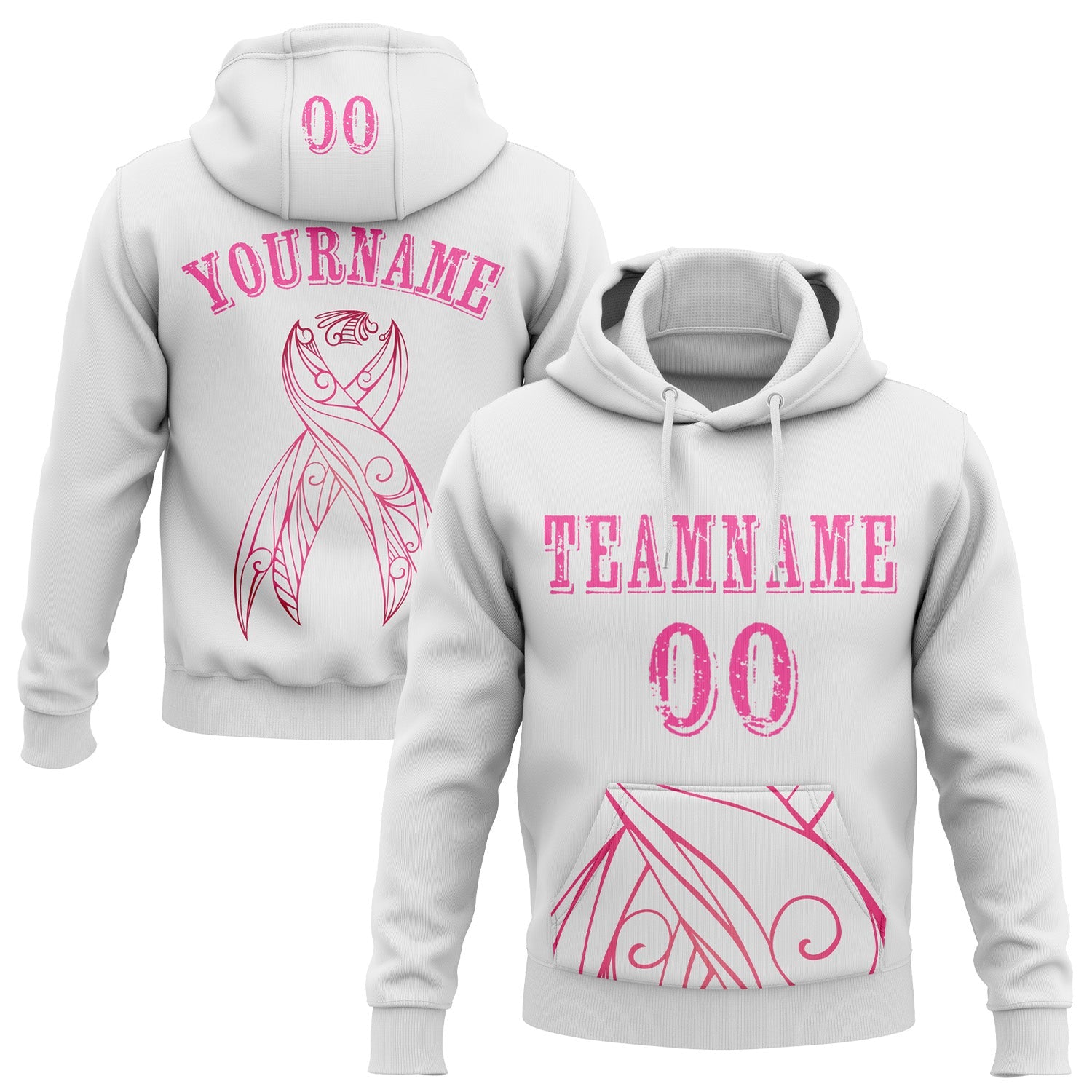 Custom White Pink 3D Pink Ribbon Breast Cancer Awareness Women Health Care Support Sports Pullover Sweatshirt Hoodie - Main View