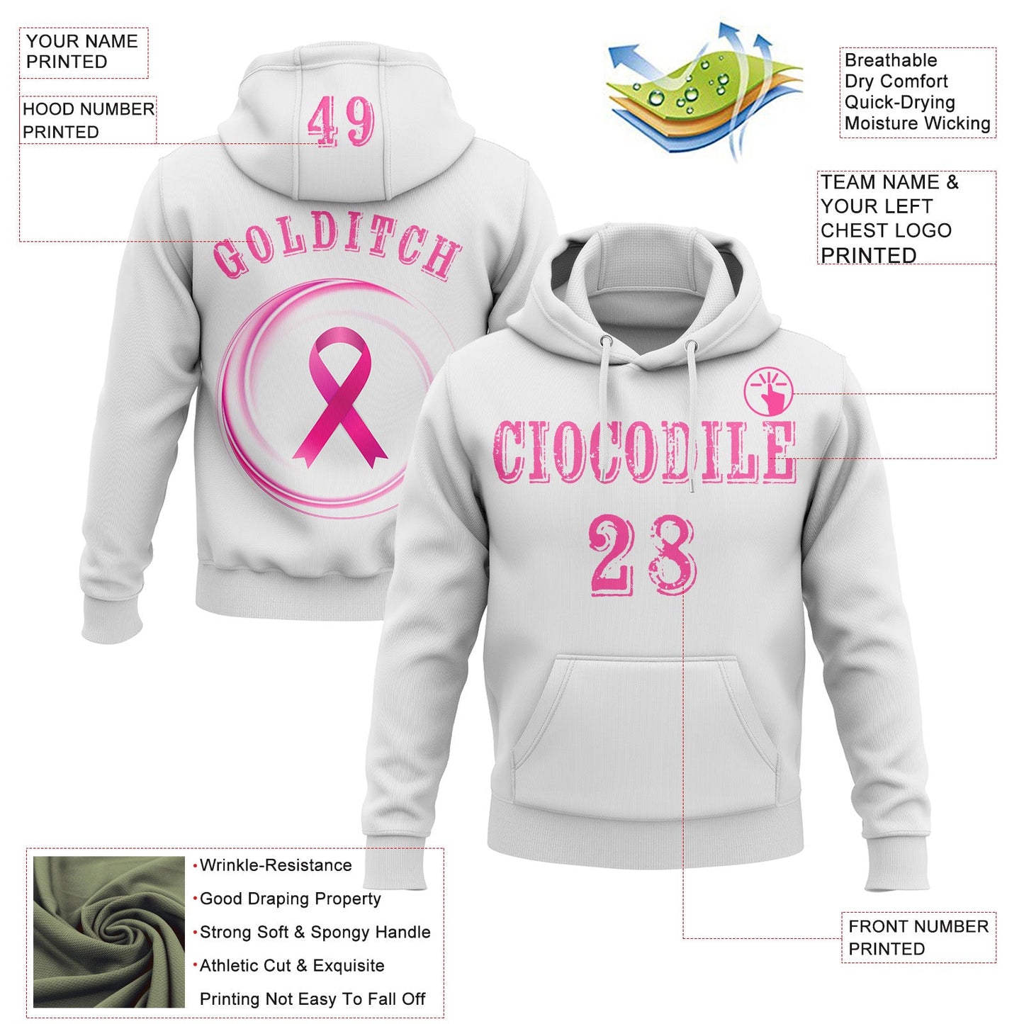 Custom White Pink 3D Pink Ribbon Breast Cancer Awareness Women Health Care Support Sports Pullover Sweatshirt Hoodie view 2