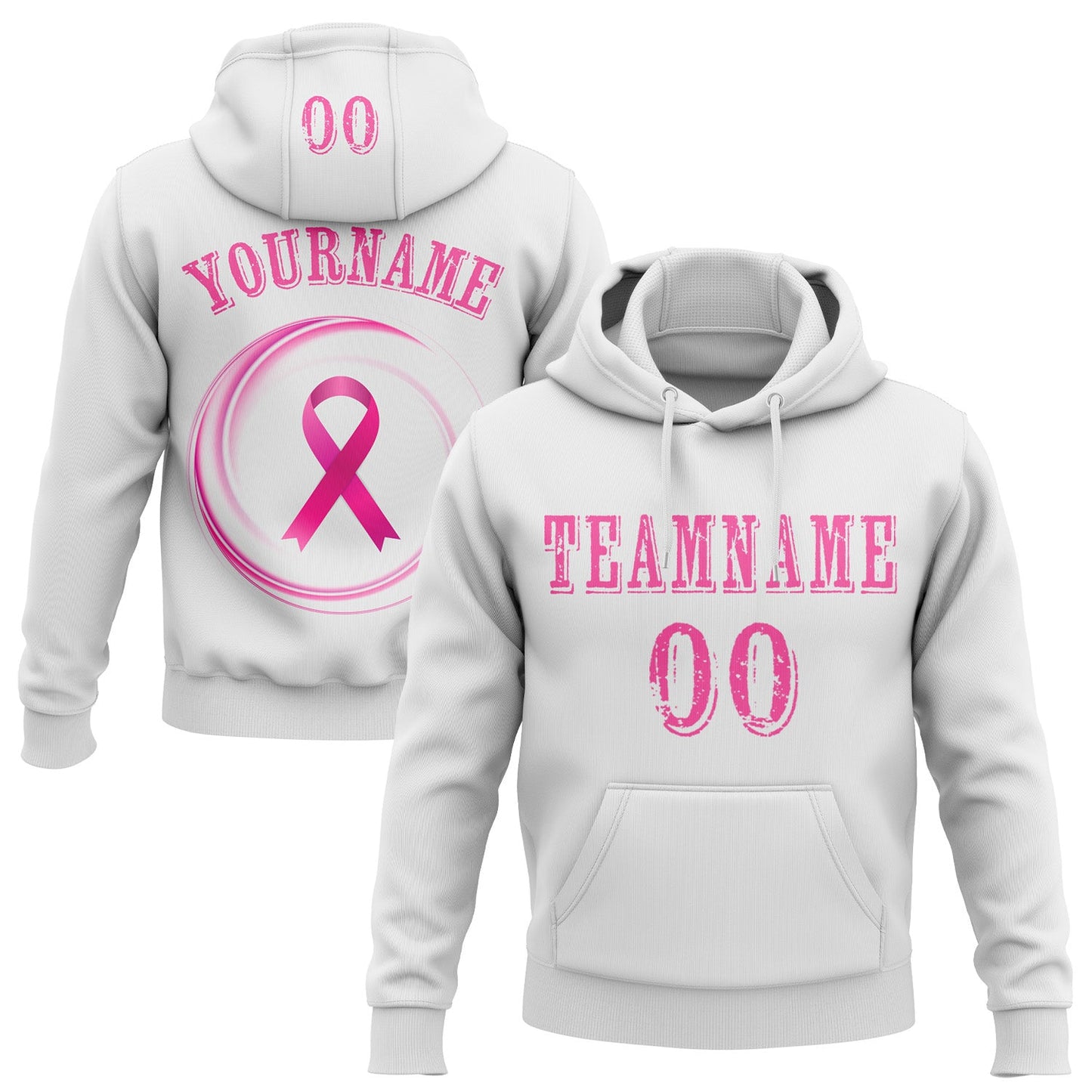 Custom White Pink 3D Pink Ribbon Breast Cancer Awareness Women Health Care Support Sports Pullover Sweatshirt Hoodie - Main View