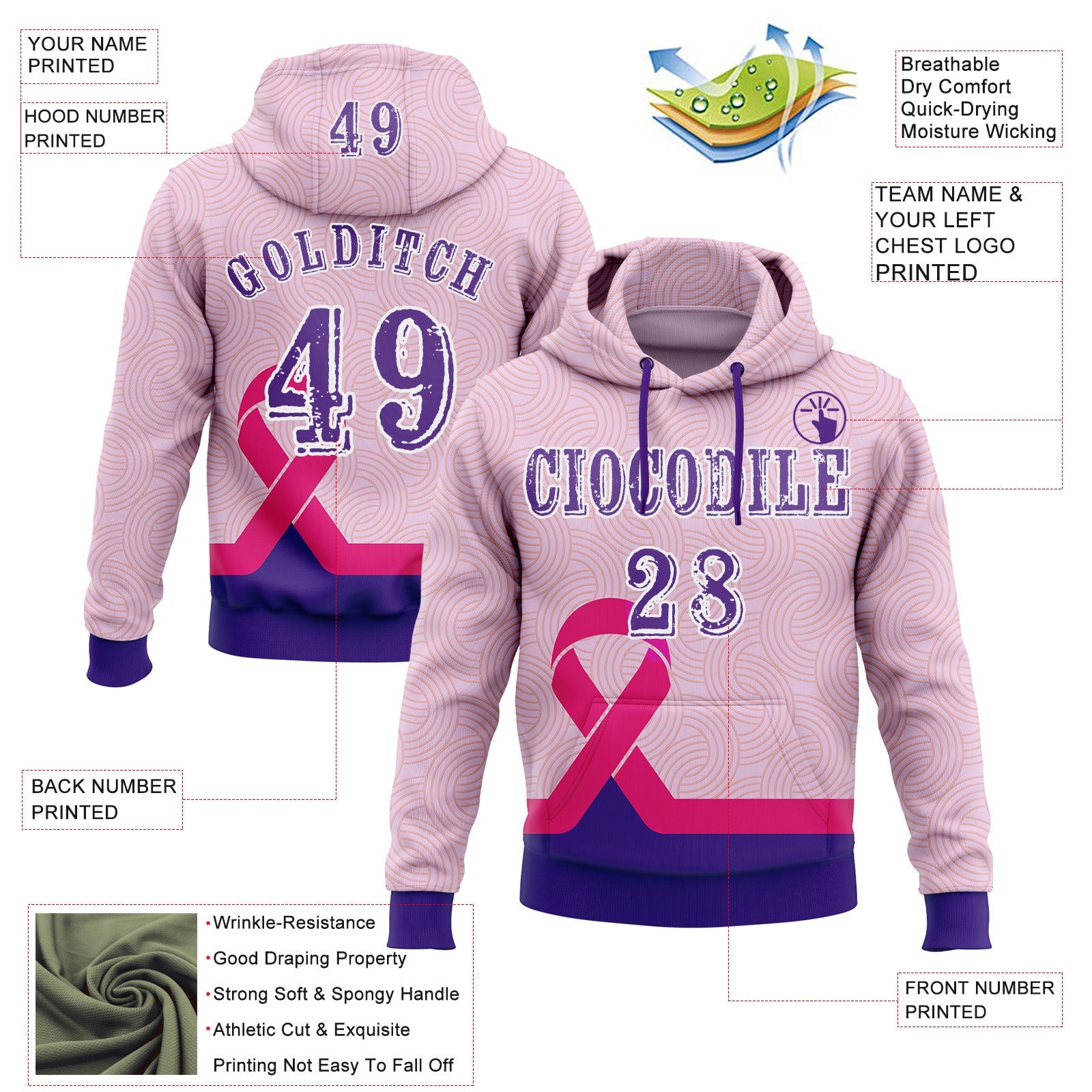 Custom Light Pink Purple Pink-White 3D Pink Ribbon Breast Cancer Awareness Women Health Care Support Sports Pullover Sweatshirt Hoodie view 2