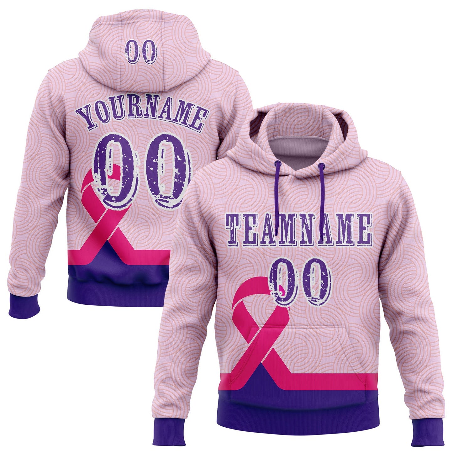 Custom Light Pink Purple Pink-White 3D Pink Ribbon Breast Cancer Awareness Women Health Care Support Sports Pullover Sweatshirt Hoodie - Main View