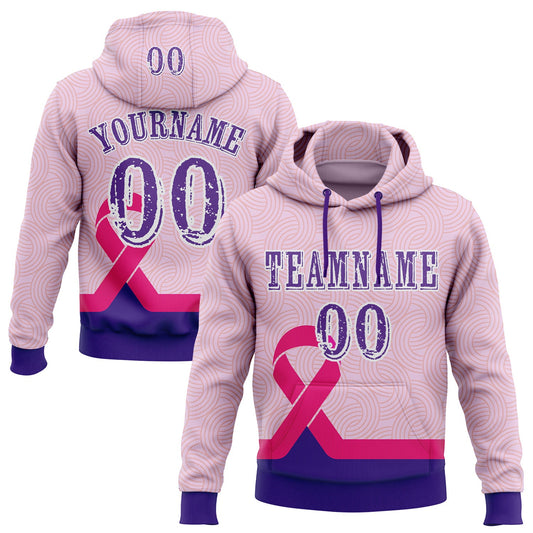 Custom Light Pink Purple Pink-White 3D Pink Ribbon Breast Cancer Awareness Women Health Care Support Sports Pullover Sweatshirt Hoodie - Main View