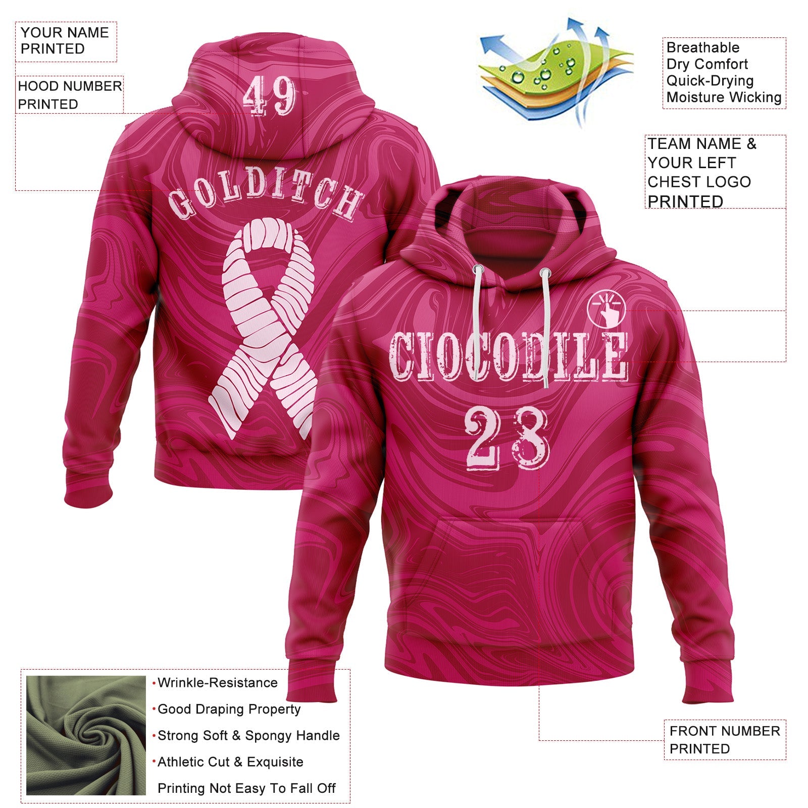 Custom Hot Pink Light Pink 3D Pink Ribbon Breast Cancer Awareness Women Health Care Support Sports Pullover Sweatshirt Hoodie view 2