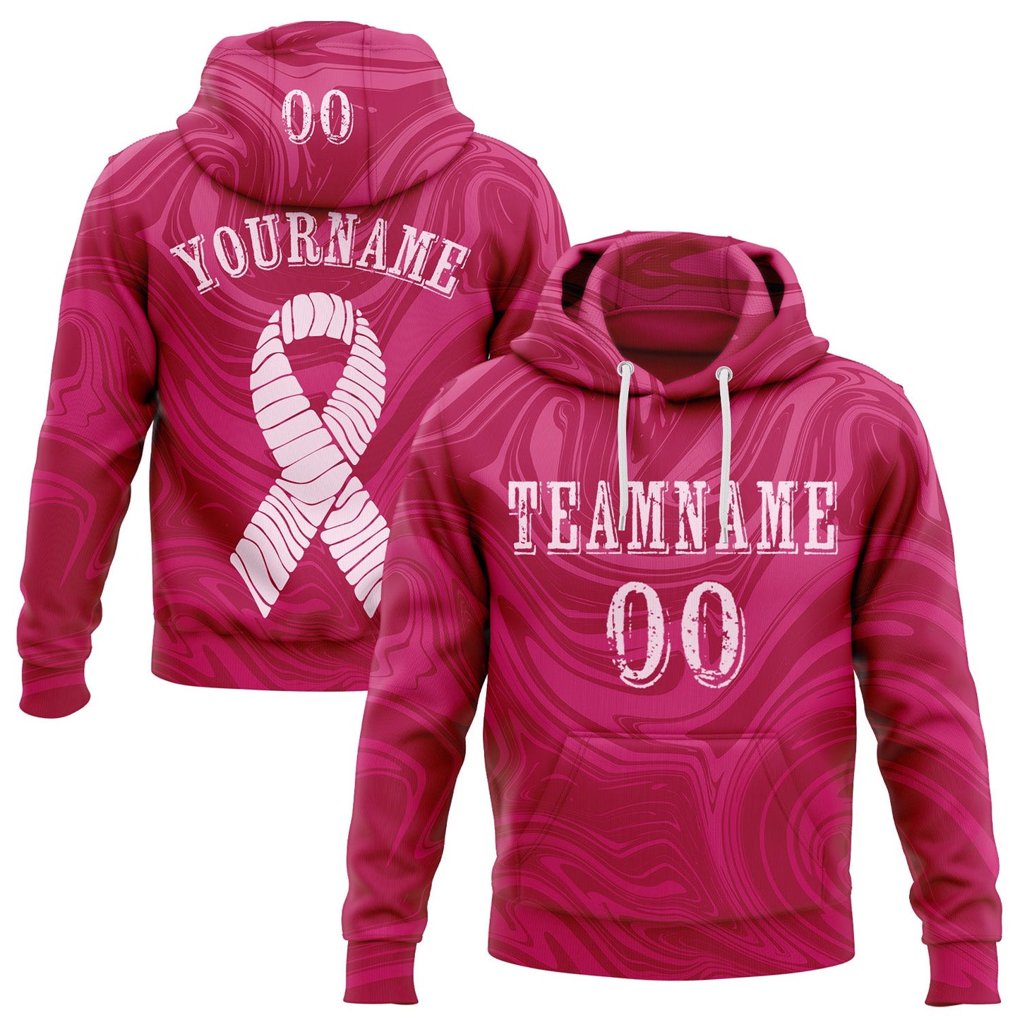 Custom Hot Pink Light Pink 3D Pink Ribbon Breast Cancer Awareness Women Health Care Support Sports Pullover Sweatshirt Hoodie - Main View