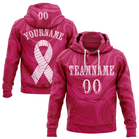 Custom Hot Pink Light Pink 3D Pink Ribbon Breast Cancer Awareness Women Health Care Support Sports Pullover Sweatshirt Hoodie - Main View