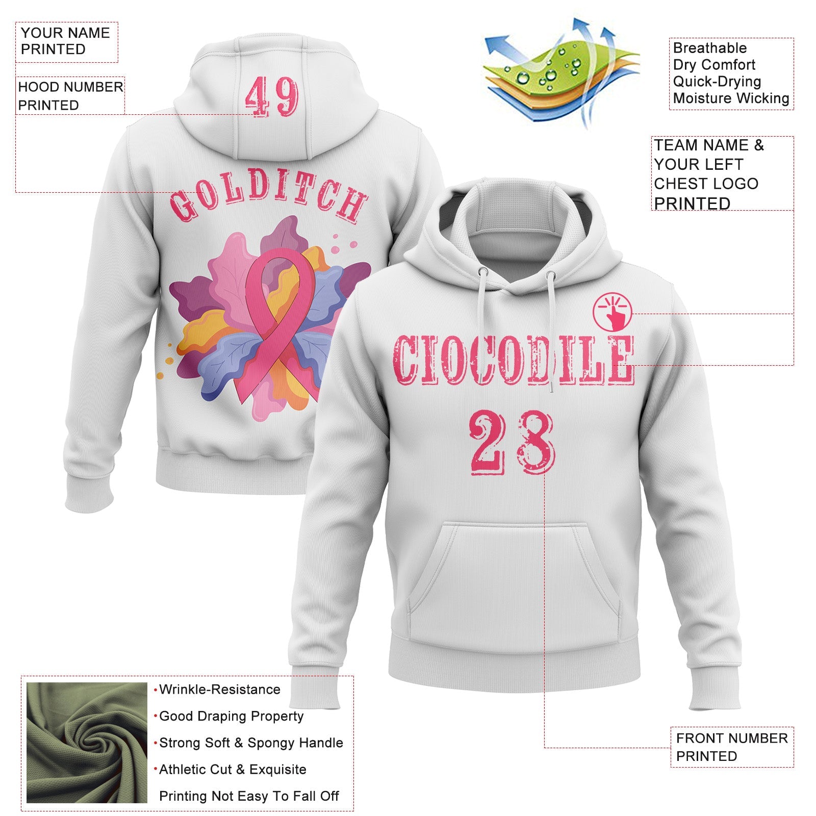 Custom White Neon Pink 3D Pink Ribbon Breast Cancer Awareness Women Health Care Support Sports Pullover Sweatshirt Hoodie view 2
