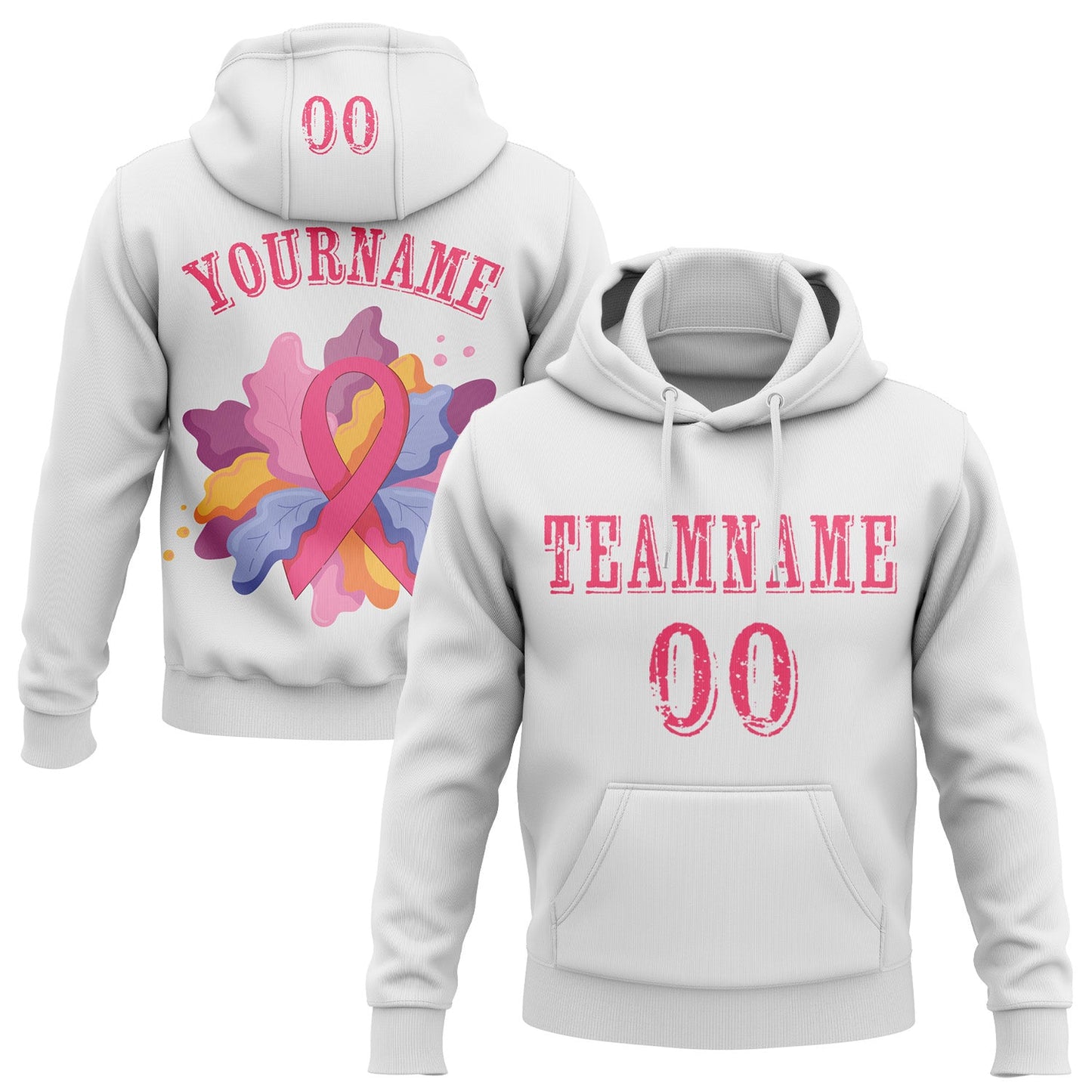 Custom White Neon Pink 3D Pink Ribbon Breast Cancer Awareness Women Health Care Support Sports Pullover Sweatshirt Hoodie - Main View