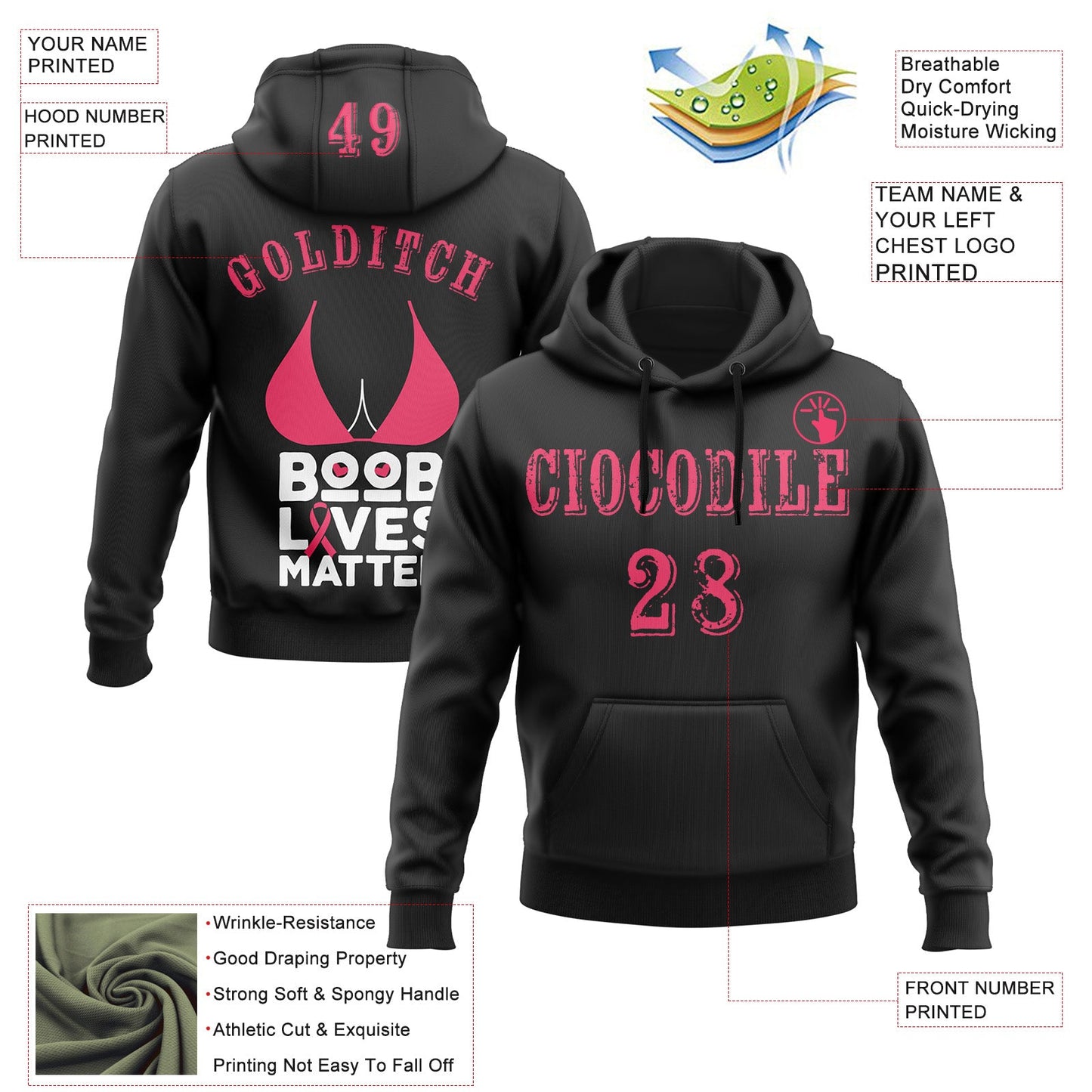 Custom Black Neon Pink-White 3D Pink Ribbon Breast Cancer Awareness Women Health Care Support Sports Pullover Sweatshirt Hoodie view 2