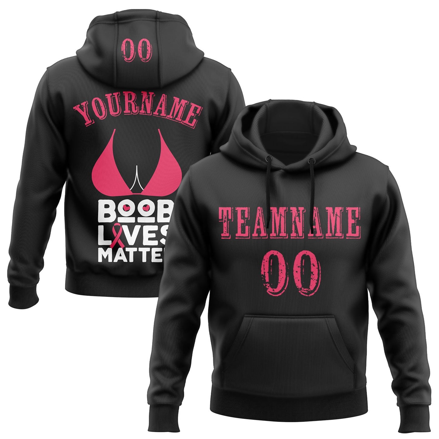 Custom Black Neon Pink-White 3D Pink Ribbon Breast Cancer Awareness Women Health Care Support Sports Pullover Sweatshirt Hoodie - Main View