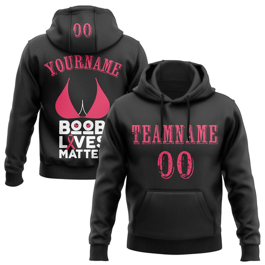 Custom Black Neon Pink-White 3D Pink Ribbon Breast Cancer Awareness Women Health Care Support Sports Pullover Sweatshirt Hoodie - Main View