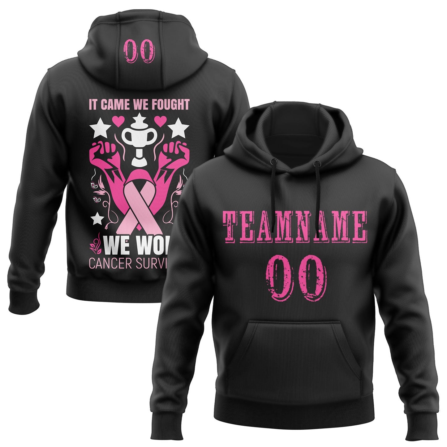 Custom Black Pink-White 3D Pink Ribbon Breast Cancer Awareness Women Health Care Support Sports Pullover Sweatshirt Hoodie - Main View