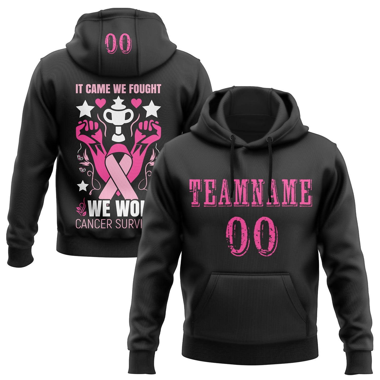 Custom Black Pink-White 3D Pink Ribbon Breast Cancer Awareness Women Health Care Support Sports Pullover Sweatshirt Hoodie - Main View