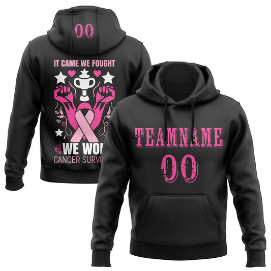Custom Black Pink-White 3D Pink Ribbon Breast Cancer Awareness Women Health Care Support Sports Pullover Sweatshirt Hoodie - Main View