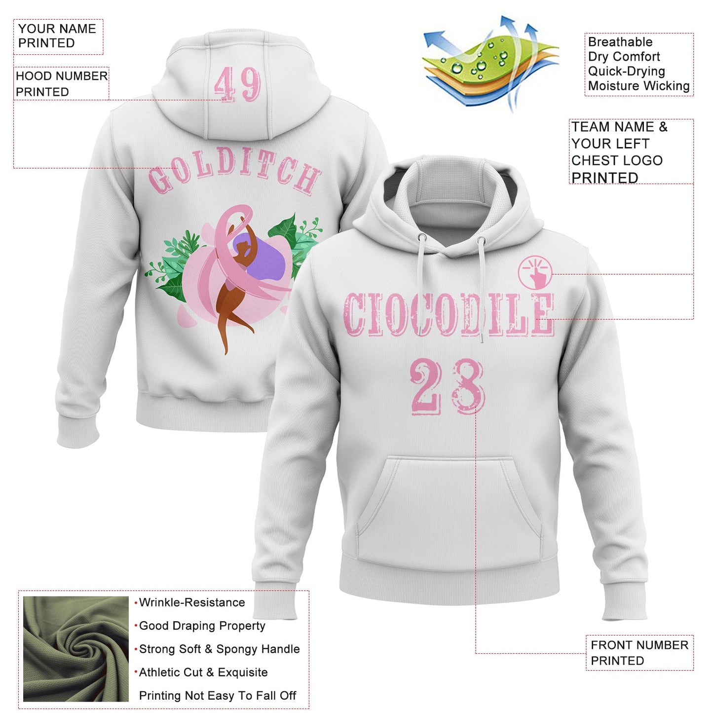 Custom White Light Pink 3D Pink Ribbon Breast Cancer Awareness Women Health Care Support Sports Pullover Sweatshirt Hoodie view 2