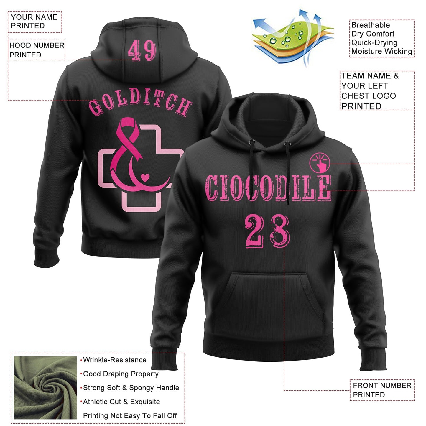 Custom Black Pink 3D Pink Ribbon Breast Cancer Awareness Women Health Care Support Sports Pullover Sweatshirt Hoodie view 2