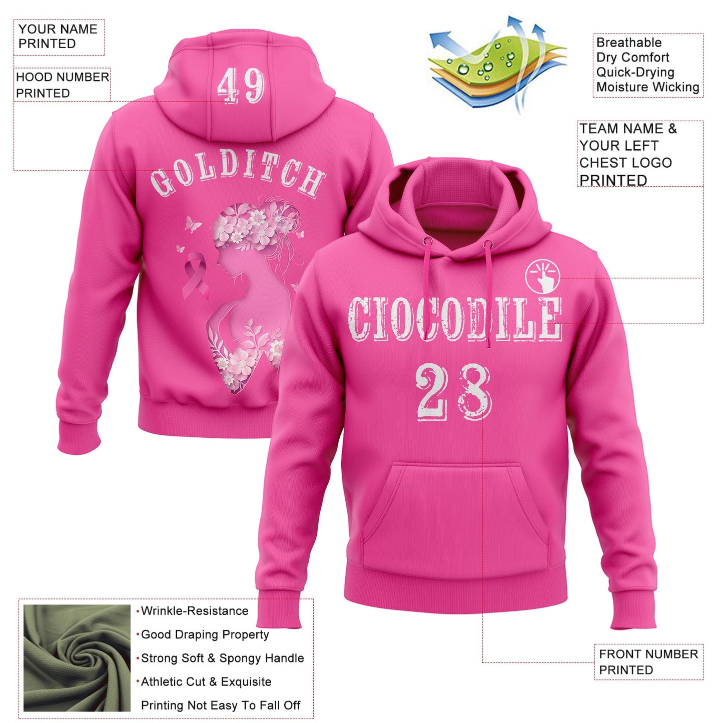 Custom Pink White 3D Pink Ribbon Breast Cancer Awareness Women Health Care Support Sports Pullover Sweatshirt Hoodie view 2