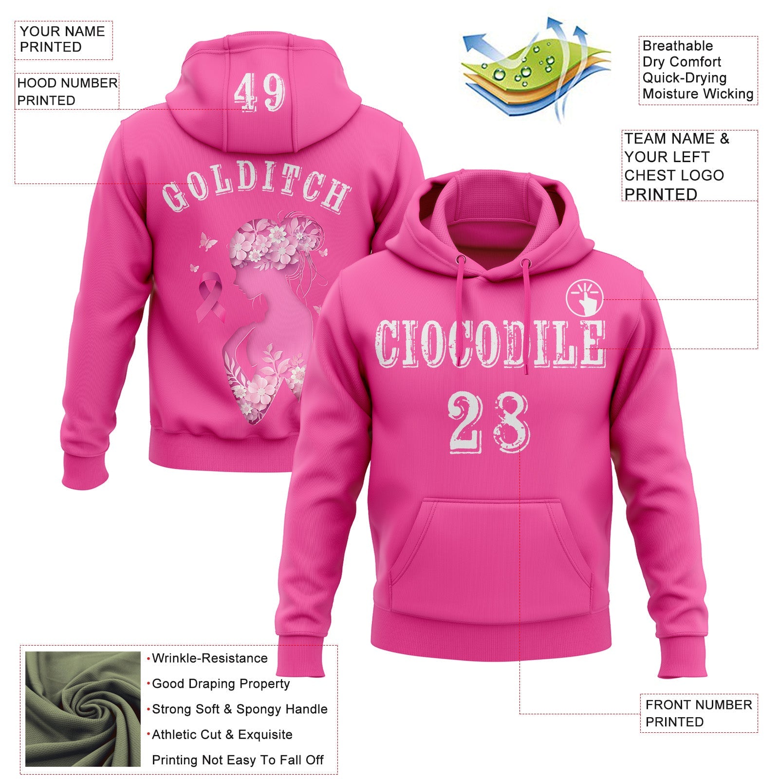 Custom Pink White 3D Pink Ribbon Breast Cancer Awareness Women Health Care Support Sports Pullover Sweatshirt Hoodie view 2