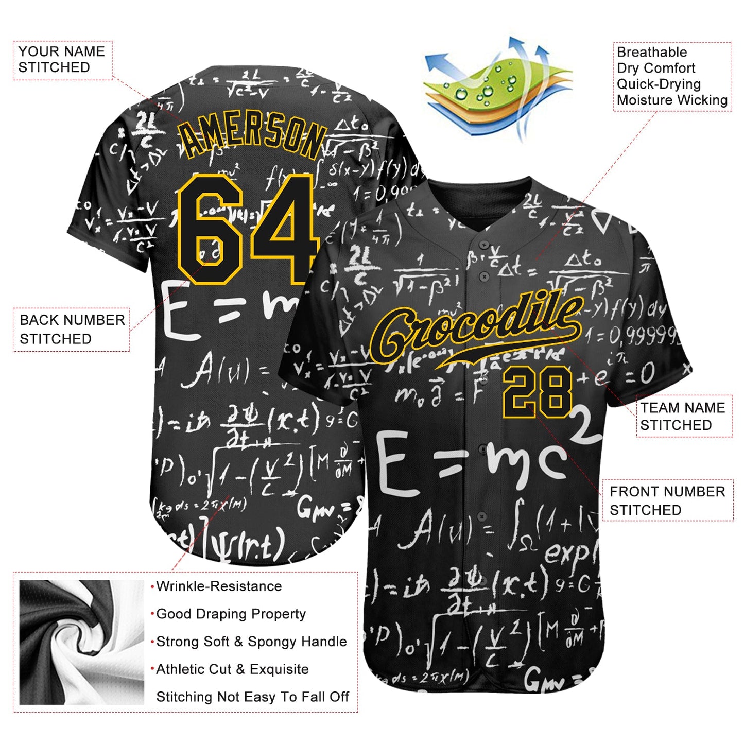 Custom 3D Pattern Design Math Authentic Baseball Jersey view 3