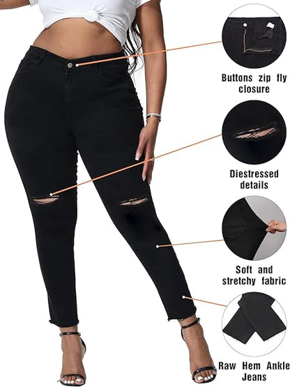 Womens Plus Size Skinny Jeans Stretchy High Waisted Ankle Jean view 3