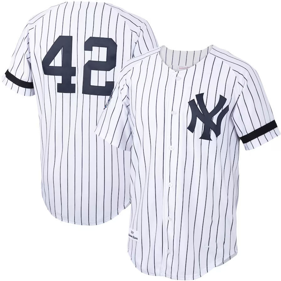 New York Yankees #42 Mariano Rivera Mitchell & Ness Home 2000 Cooperstown Collection Authentic Jersey - White/Navy Stitches Baseball Jerseys - Main View