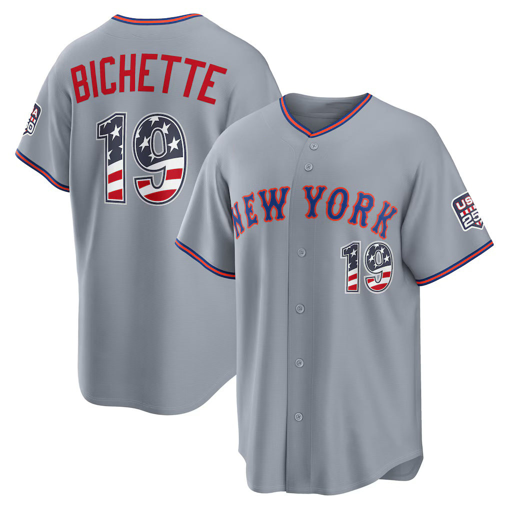 New York Mets #19 Bo Bichette USA 250 Fourth of July Road Stadium Jersey - Gray Tailgate Goods - Main View