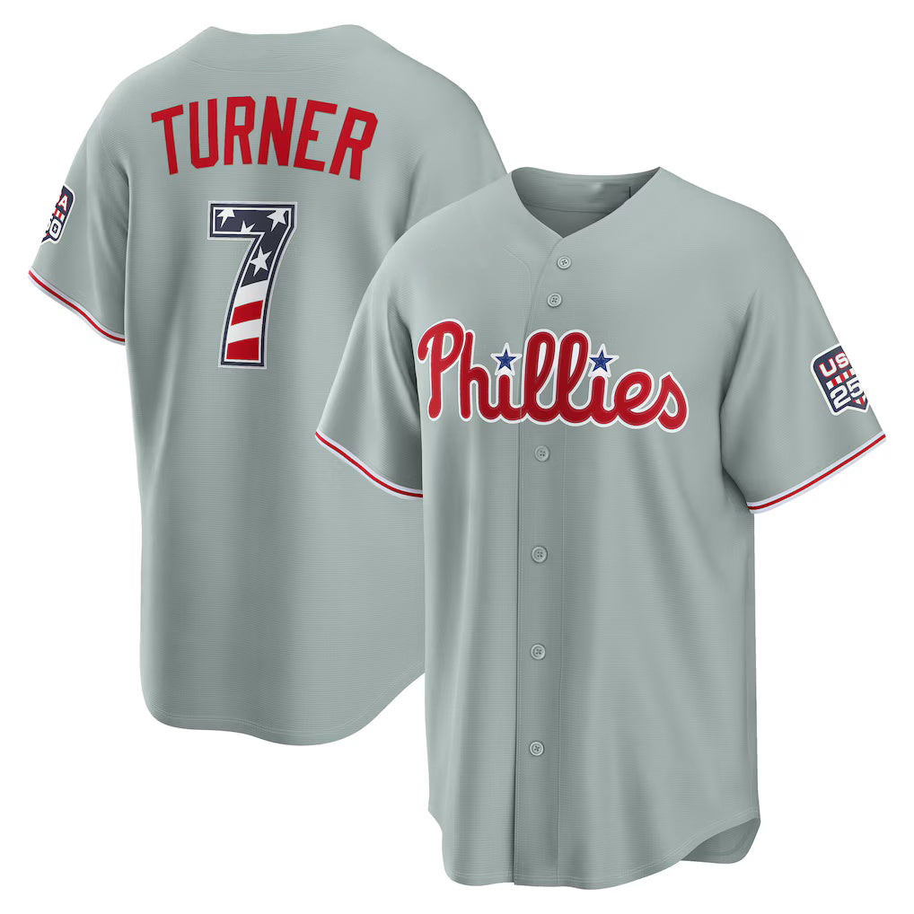Philadelphia Phillies #7 Trea Turner USA 250 Fourth of July Road Stadium Jersey - Gray Tailgate Goods - Main View