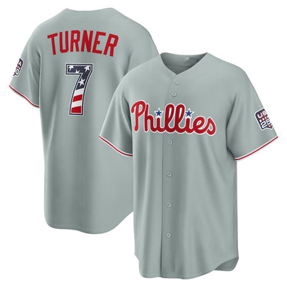 Philadelphia Phillies #7 Trea Turner USA 250 Fourth of July Road Stadium Jersey - Gray Tailgate Goods - Main View