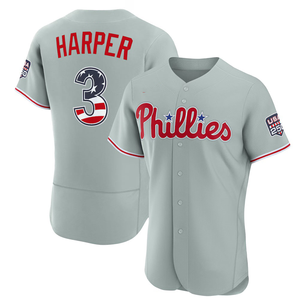 Philadelphia Phillies #3 Bryce Harper USA 250 Fourth of July Road Authentic Jersey - Gray Tailgate Goods - Main View