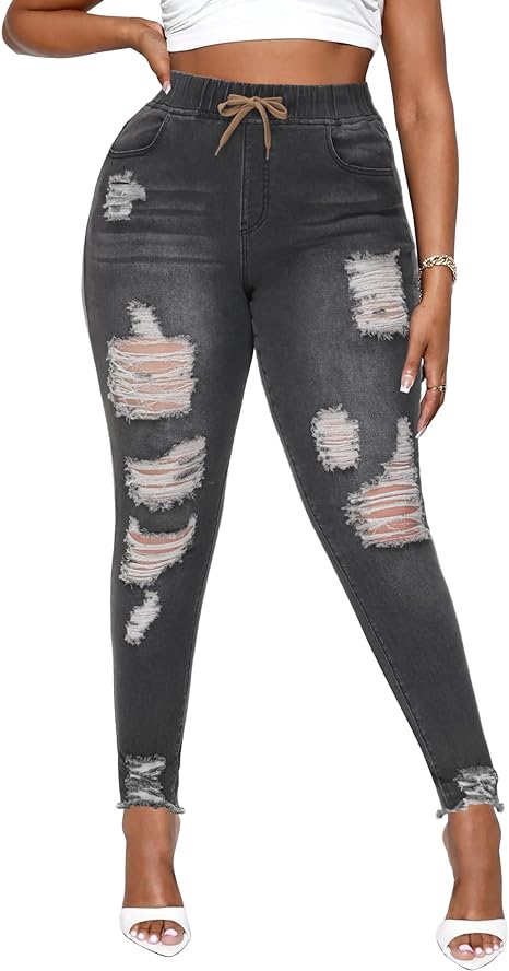 Womens Plus Size Skinny Distressed Jeans High Waisted Stretch Drawstring Ripped Denim Joggers view 6