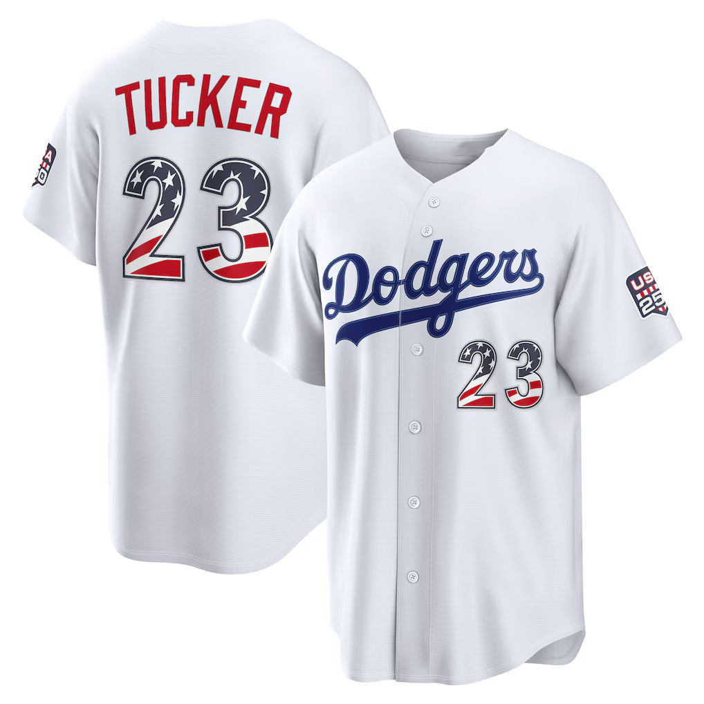 Los Angeles Dodgers #23 Kyle Tucker USA 250 Fourth of July Home Stadium Jersey - White Tailgate Goods - Main View