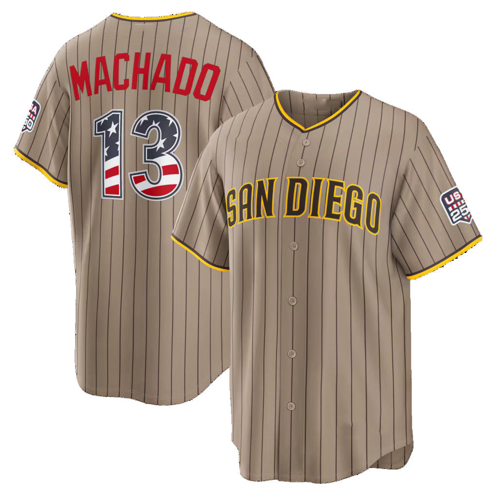San Diego Padres #13 Manny Machado USA 250 Fourth of July Alternate Stadium Jersey - Sand Tailgate Goods - Main View