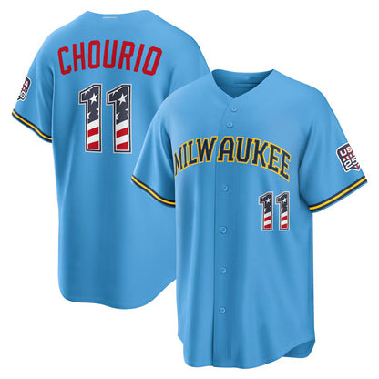 Milwaukee Brewers #11 Jackson Chourio USA 250 Fourth of July Road Stadium Jersey - Light Blue Tailgate Goods - Main View