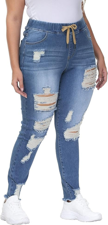 Womens Plus Size Skinny Distressed Jeans High Waisted Stretch Drawstring Ripped Denim Joggers view 6