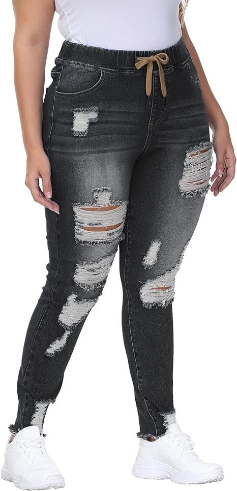 Womens Plus Size Skinny Distressed Jeans High Waisted Stretch Drawstring Ripped Denim Joggers view 5