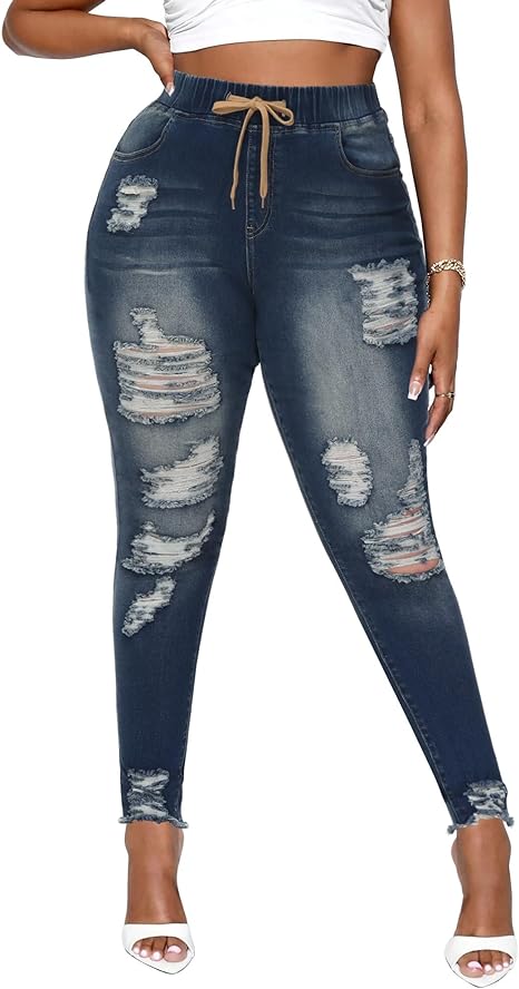 Womens Plus Size Skinny Distressed Jeans High Waisted Stretch Drawstring Ripped Denim Joggers view 5
