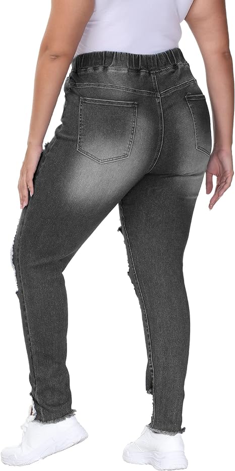 Womens Plus Size Skinny Distressed Jeans High Waisted Stretch Drawstring Ripped Denim Joggers view 2