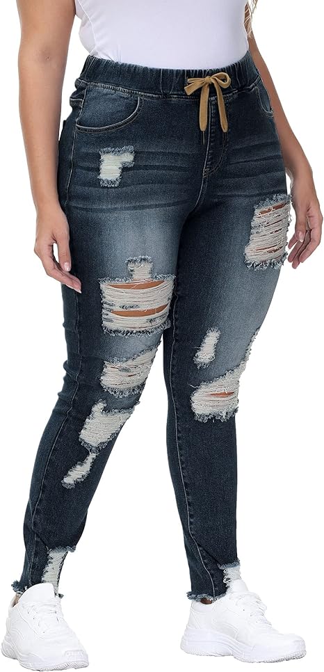 Womens Plus Size Skinny Distressed Jeans High Waisted Stretch Drawstring Ripped Denim Joggers view 7