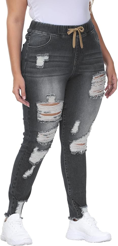 Womens Plus Size Skinny Distressed Jeans High Waisted Stretch Drawstring Ripped Denim Joggers view 5