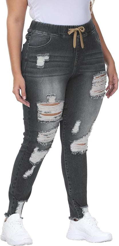 Womens Plus Size Skinny Distressed Jeans High Waisted Stretch Drawstring Ripped Denim Joggers view 5