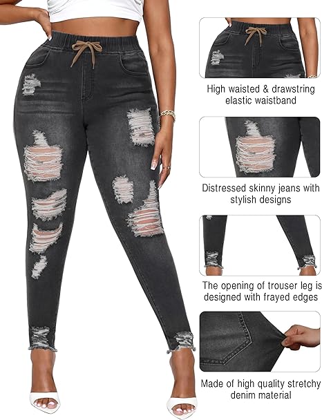 Womens Plus Size Skinny Distressed Jeans High Waisted Stretch Drawstring Ripped Denim Joggers view 3