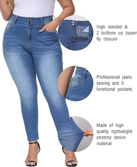 Womens Plus Size Skinny Jeans Stretchy High Waisted Ankle Jean view 3