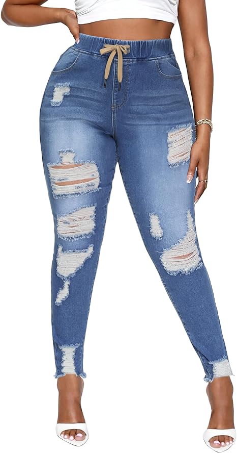 Womens Plus Size Skinny Distressed Jeans High Waisted Stretch Drawstring Ripped Denim Joggers view 5
