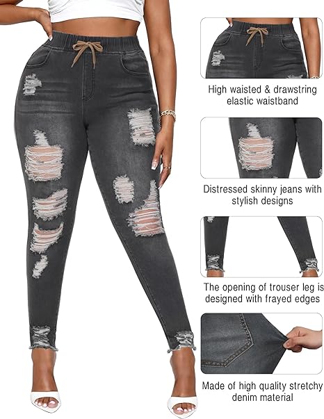 Womens Plus Size Skinny Distressed Jeans High Waisted Stretch Drawstring Ripped Denim Joggers view 3