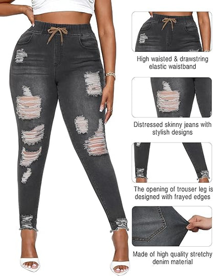 Womens Plus Size Skinny Distressed Jeans High Waisted Stretch Drawstring Ripped Denim Joggers view 3